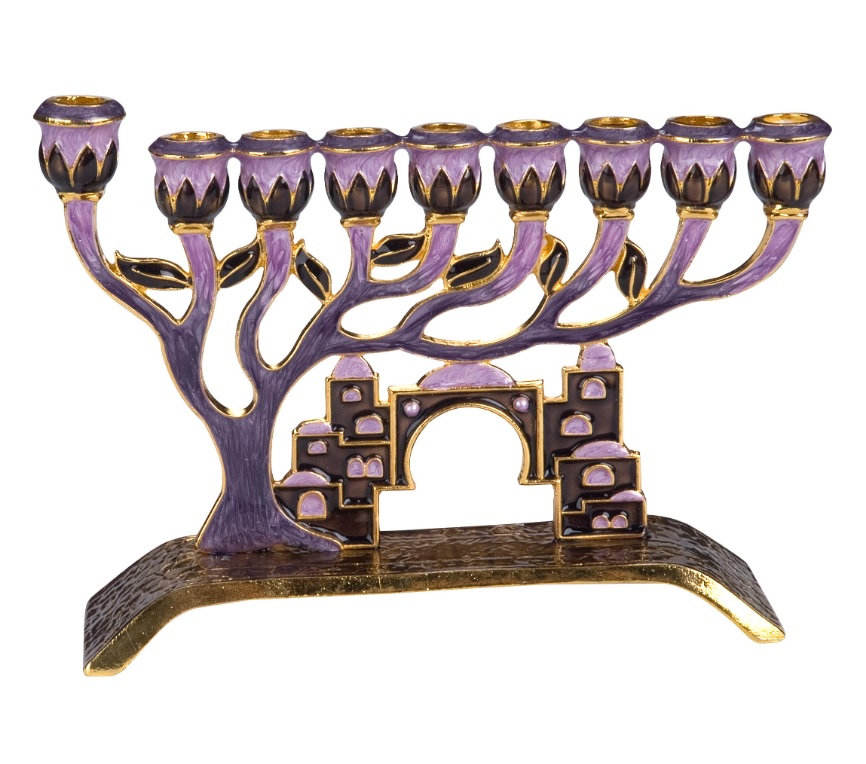 Jeruslem Enameled Menorah with Jeweled Accents - Purple